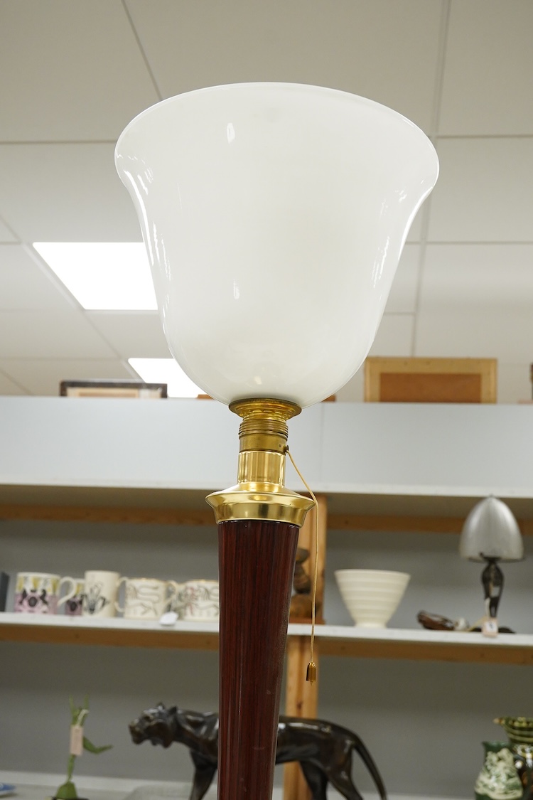 A vintage Mazda rosewood table lamp with opaque glass shade, 77cm high overall